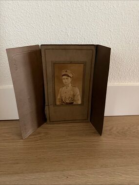 Signed Military Portrait in Brown Tri-Fold paper Frame 6.5”x11.5”